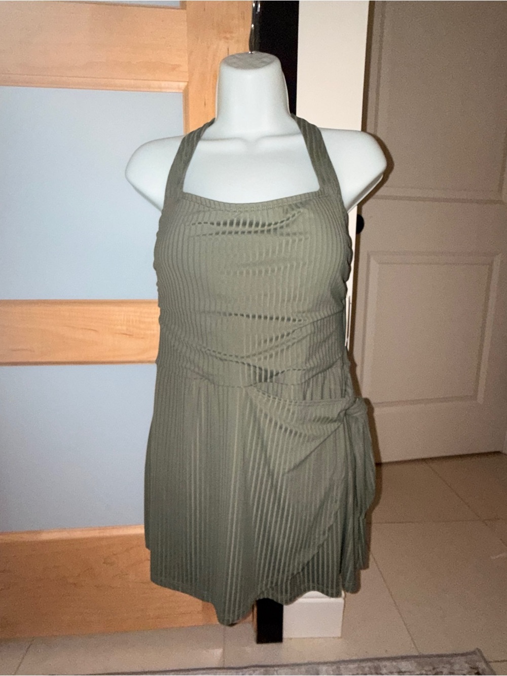 Ellen Tracy Olive Green Ribbed skirt tie one piece swimsuit